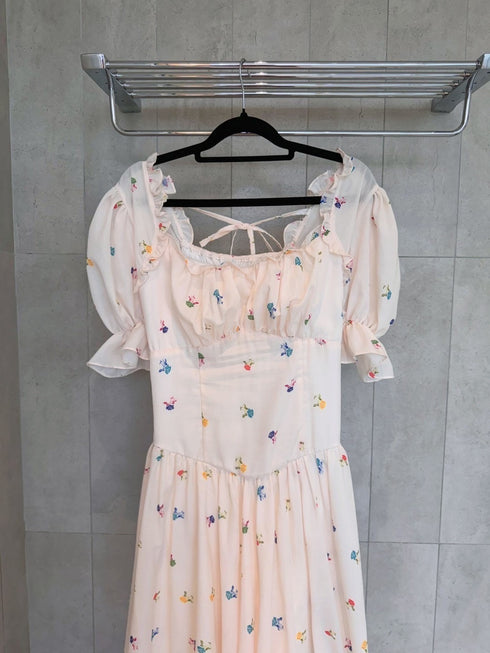 Aesthetic Floral Print Puff Sleeves Long Flowey Dresses